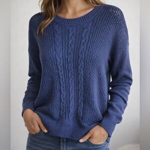 Banana Republic Blue Cableknit Cotton Sweater L Textured Knit Crewneck